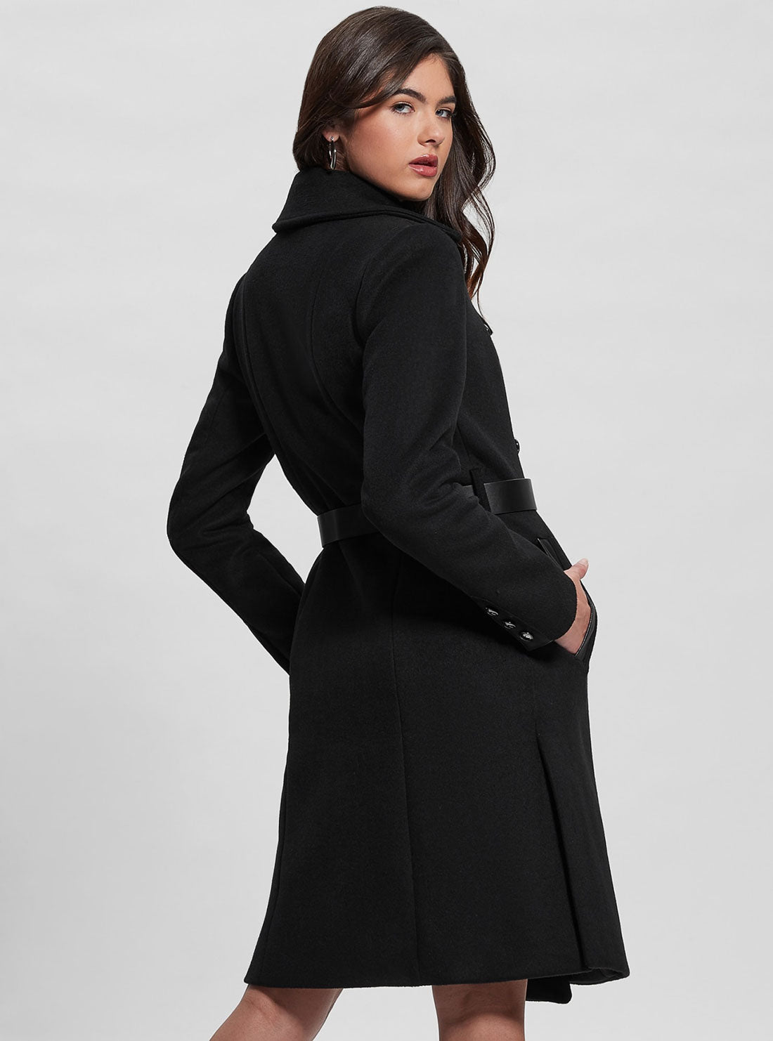 Black Patrice Belted Coat | GUESS Women's Apparel | back view