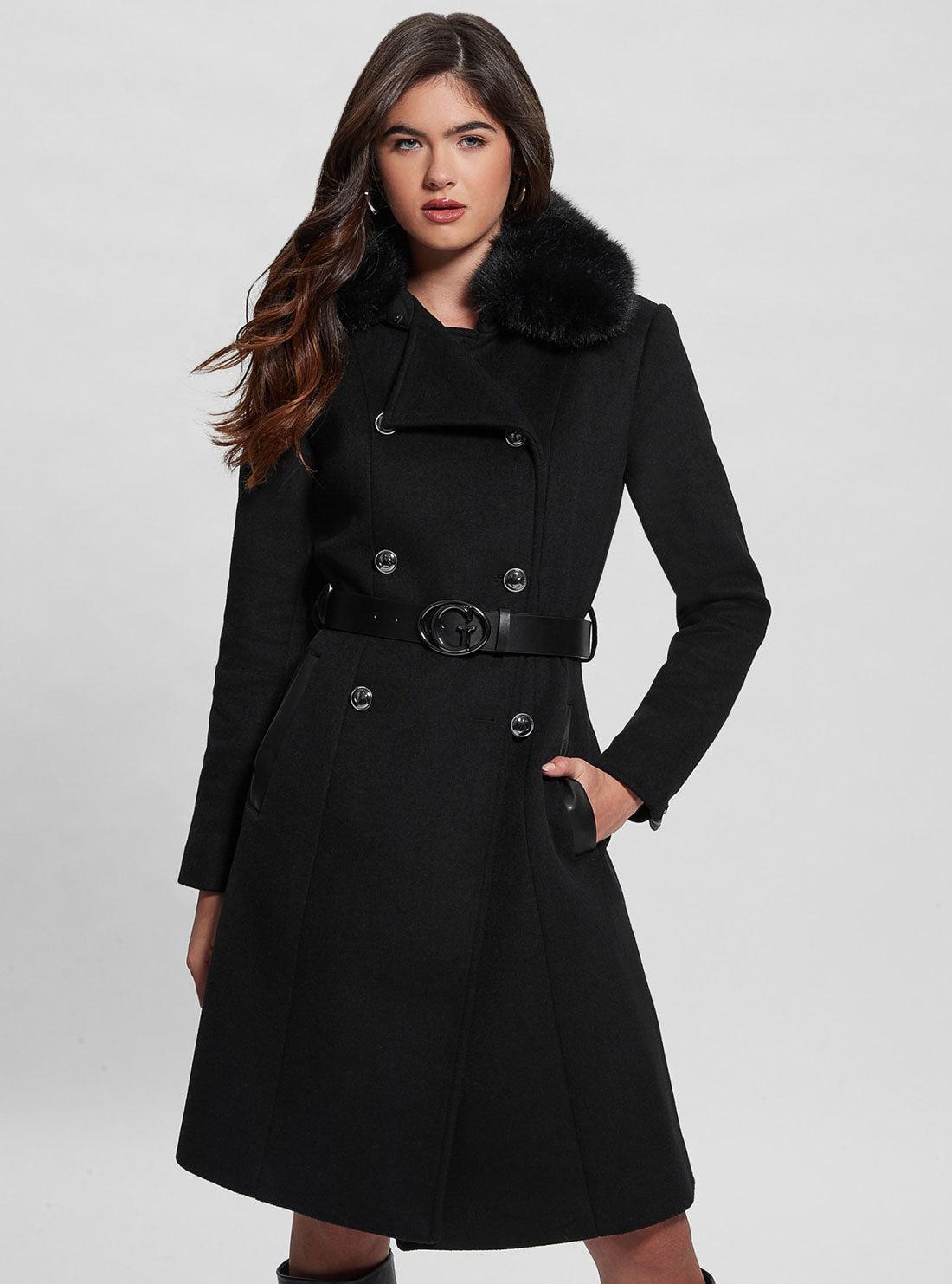 Black Patrice Belted Coat | GUESS Women's Apparel | front view