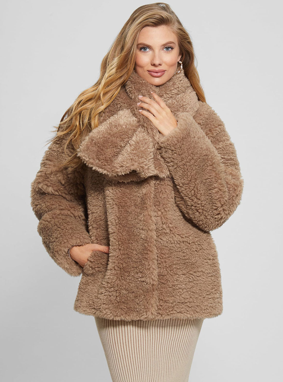 Brown Rebecca Faux-Fur Scarf Jacket | GUESS Women's Apparel | front view