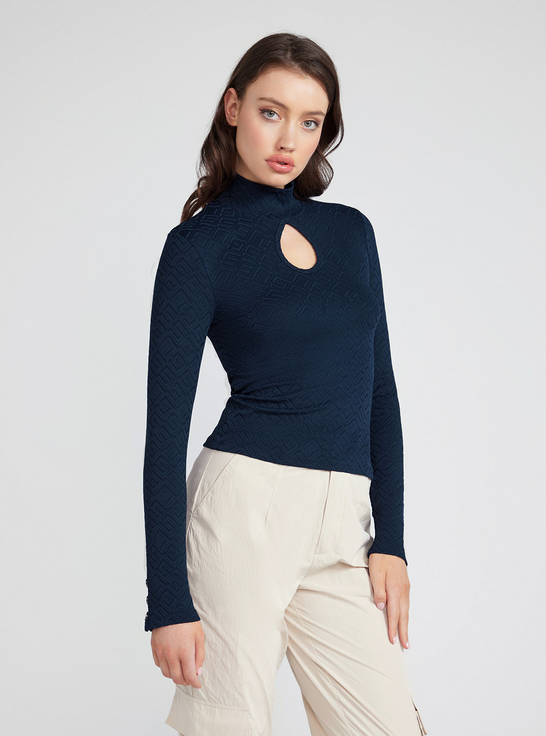 Navy Blue Clio Long Sleeve Top | GUESS Women's Apparel | front view