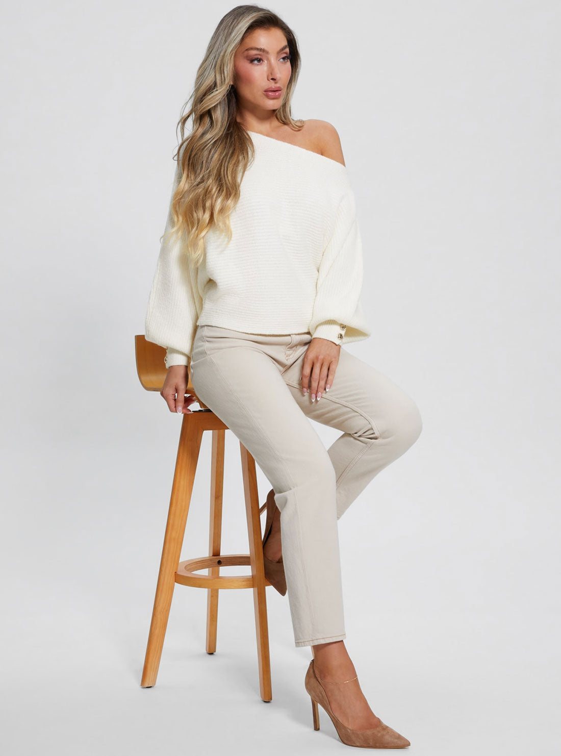 White Isadora Off-Shoulder Knit Top | GUESS Women's Apparel | lifestyle view