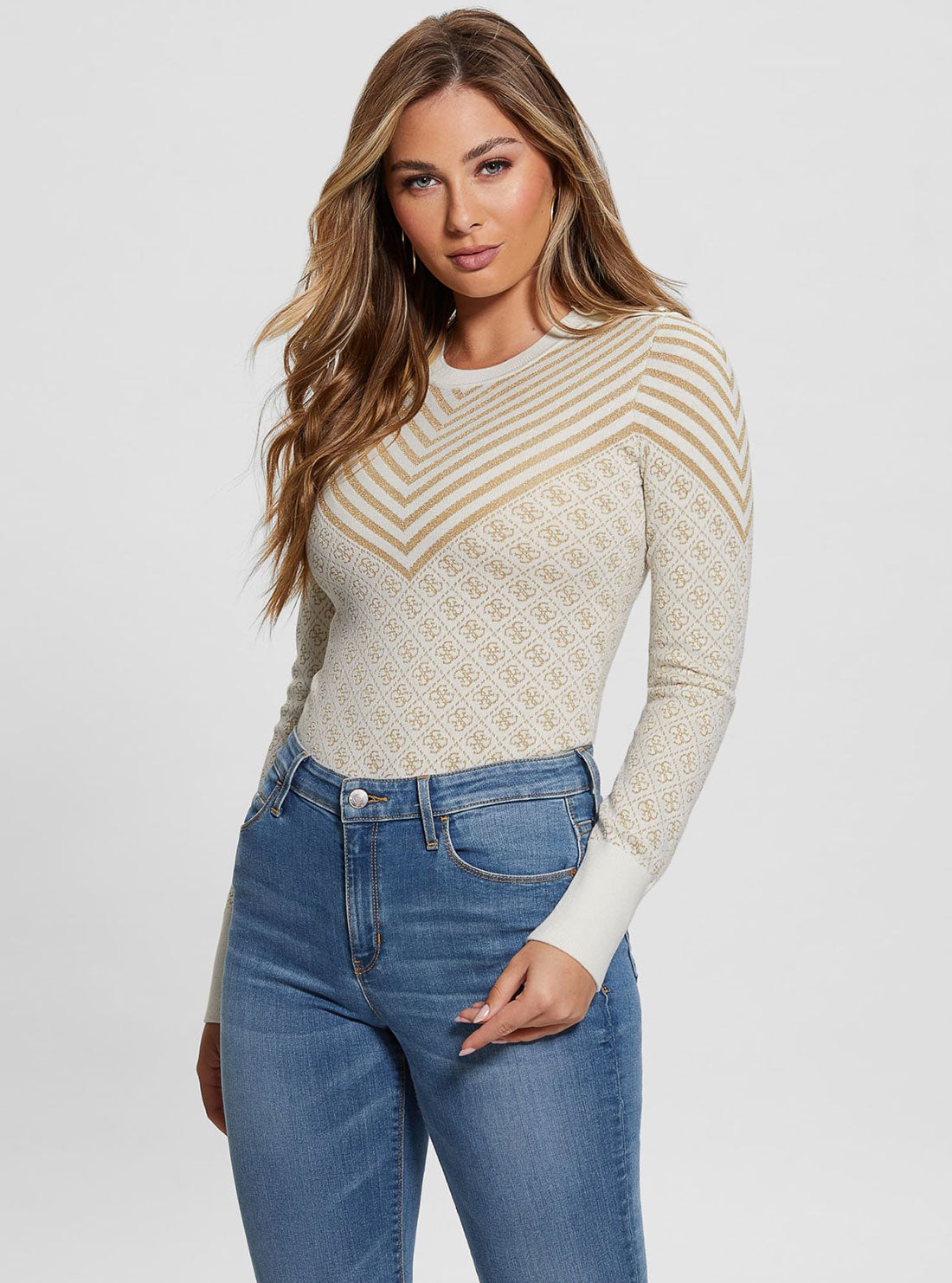 Cream White Renee Logo Knit Top | GUESS Women's Apparel | front view