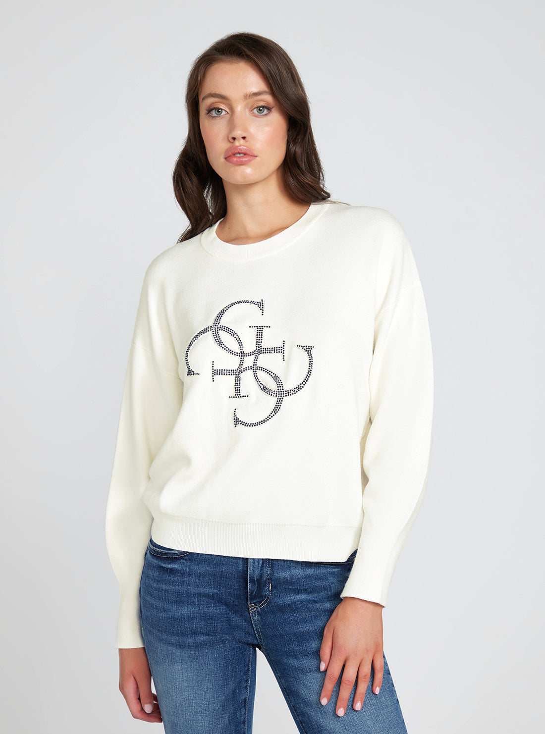 GUESS White Long Sleeve Leonor Logo Sweater front view