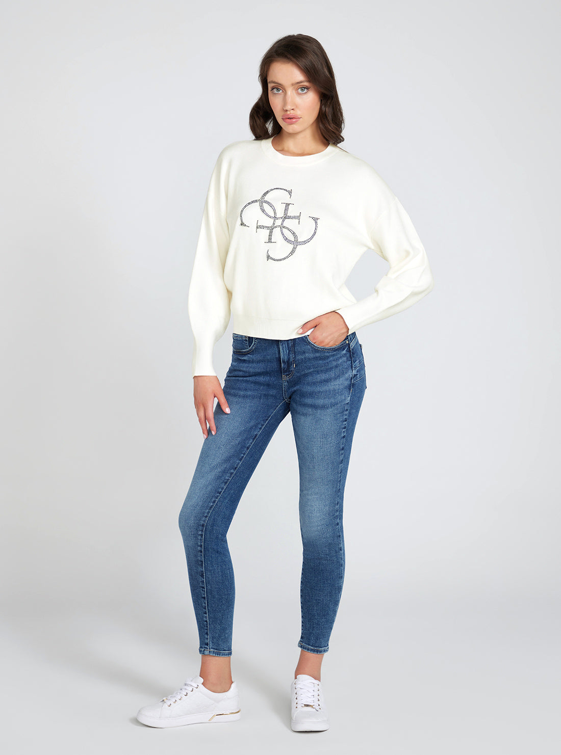 GUESS White Long Sleeve Leonor Logo Sweater full view