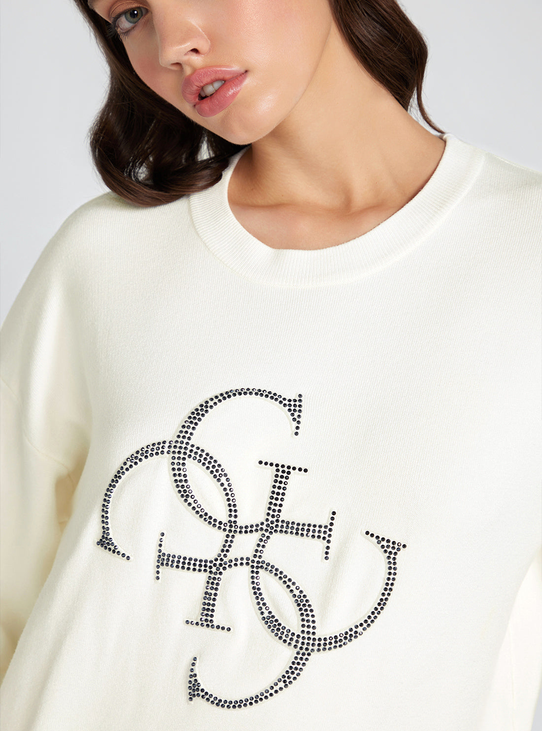 GUESS White Long Sleeve Leonor Logo Sweater detail view