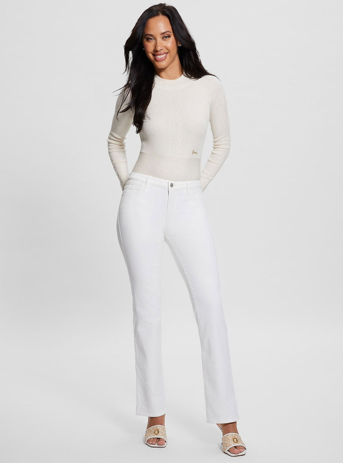 White Melodie Long Sleeve Knit Top | GUESS Women's Apparel | full view