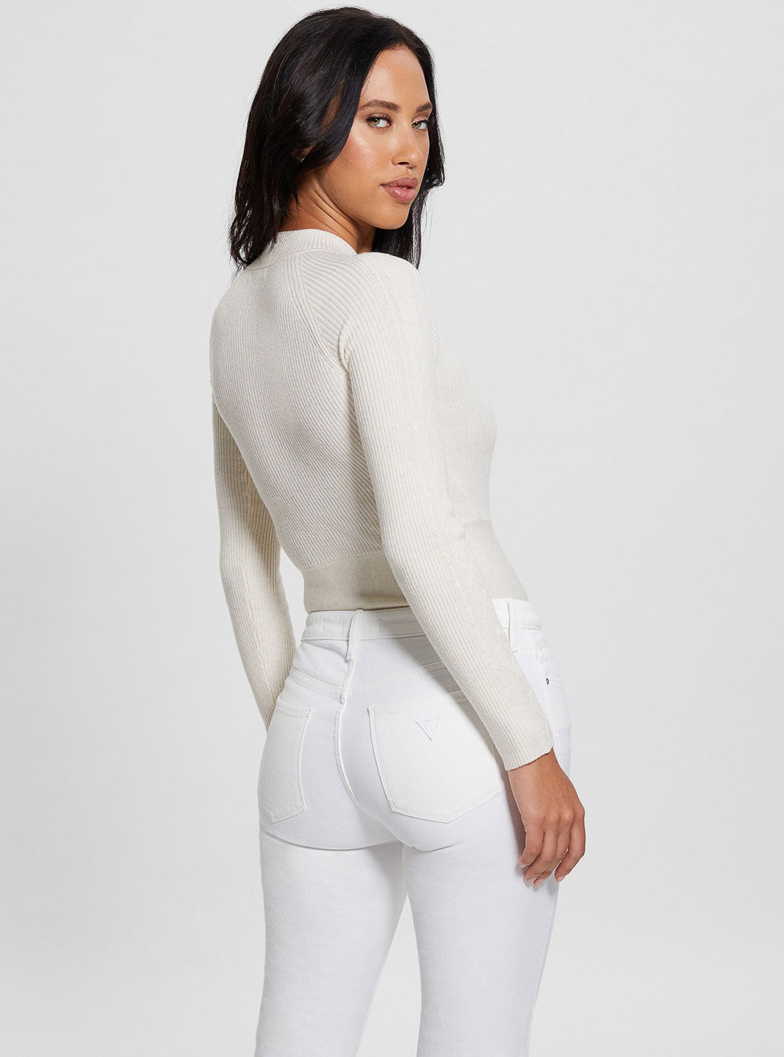 White Melodie Long Sleeve Knit Top | GUESS Women's Apparel | back view