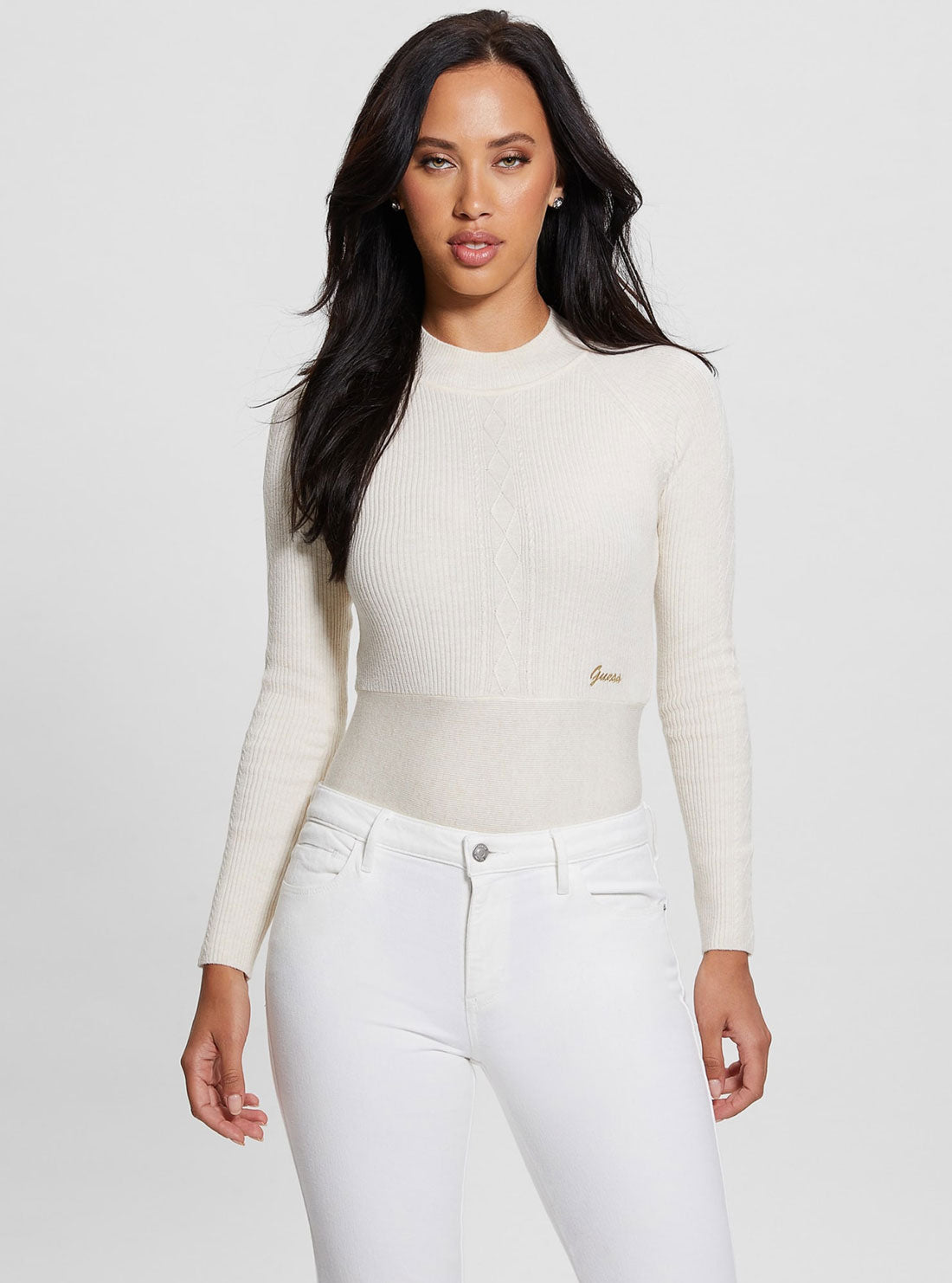White Melodie Long Sleeve Knit Top | GUESS Women's Apparel | front view