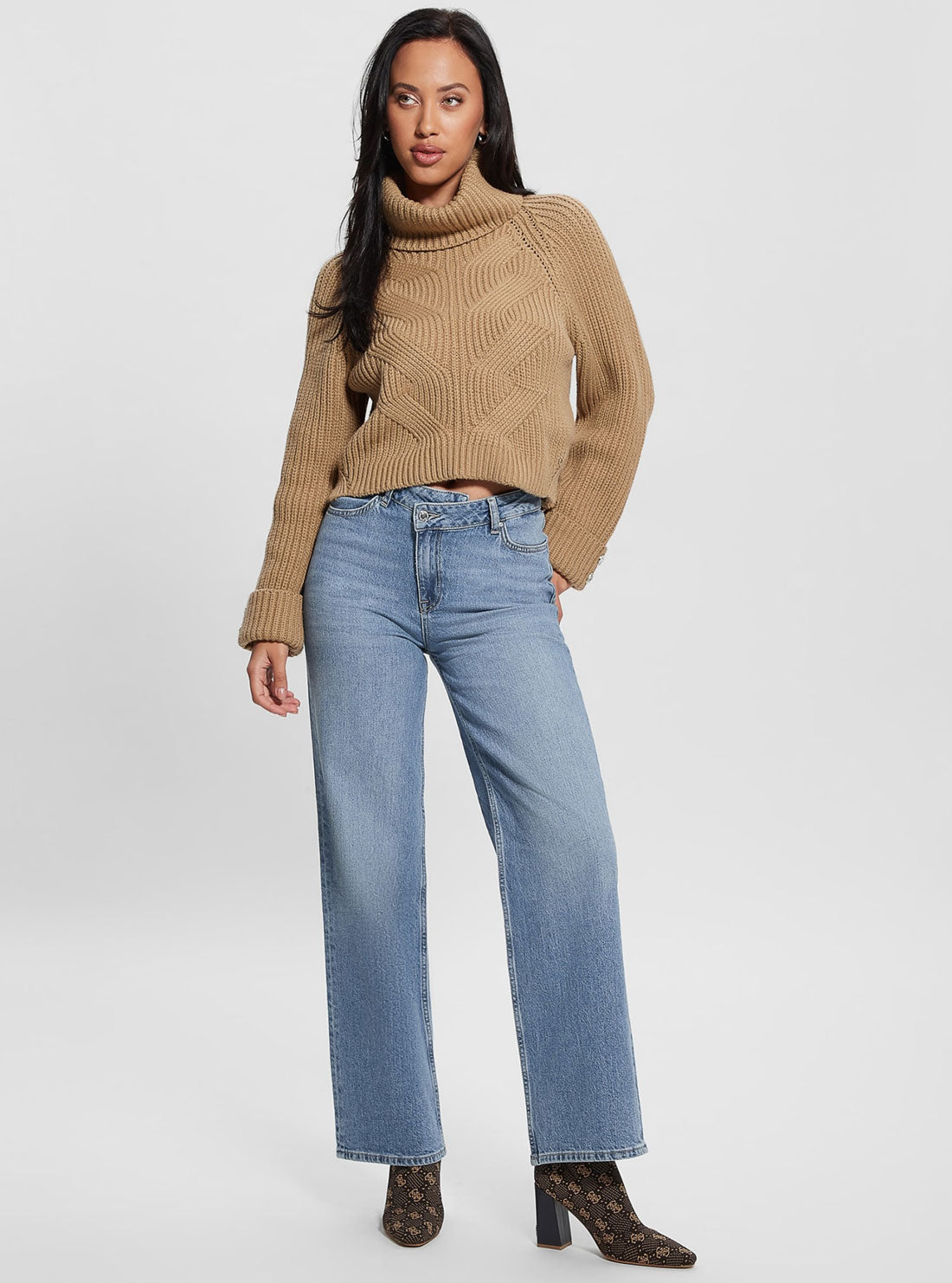Taupe Brown Lois Turtleneck Knit Top | GUESS Women's Apparel | full view
