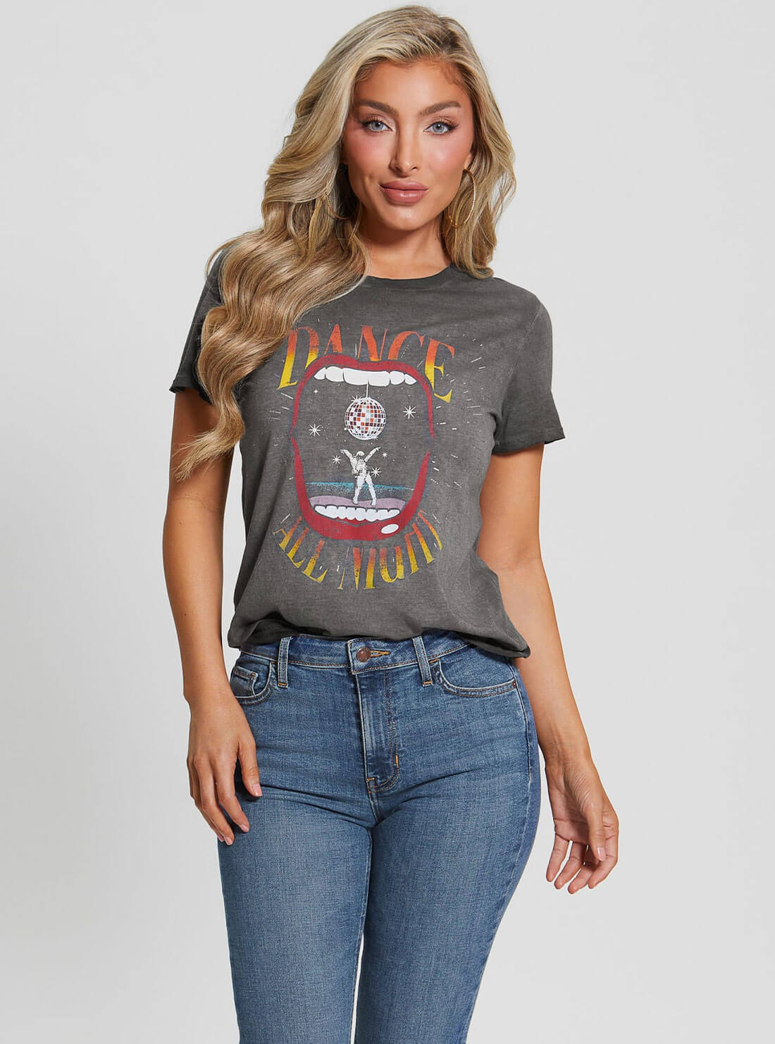 Grey Dance All Night Graphic T-Shirt | GUESS Women's Apparel | front view