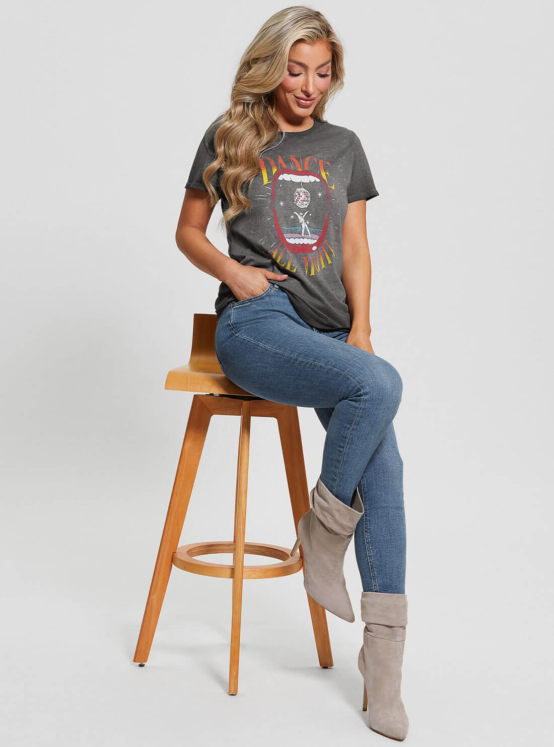 Grey Dance All Night Graphic T-Shirt | GUESS Women's Apparel | lifestyle view