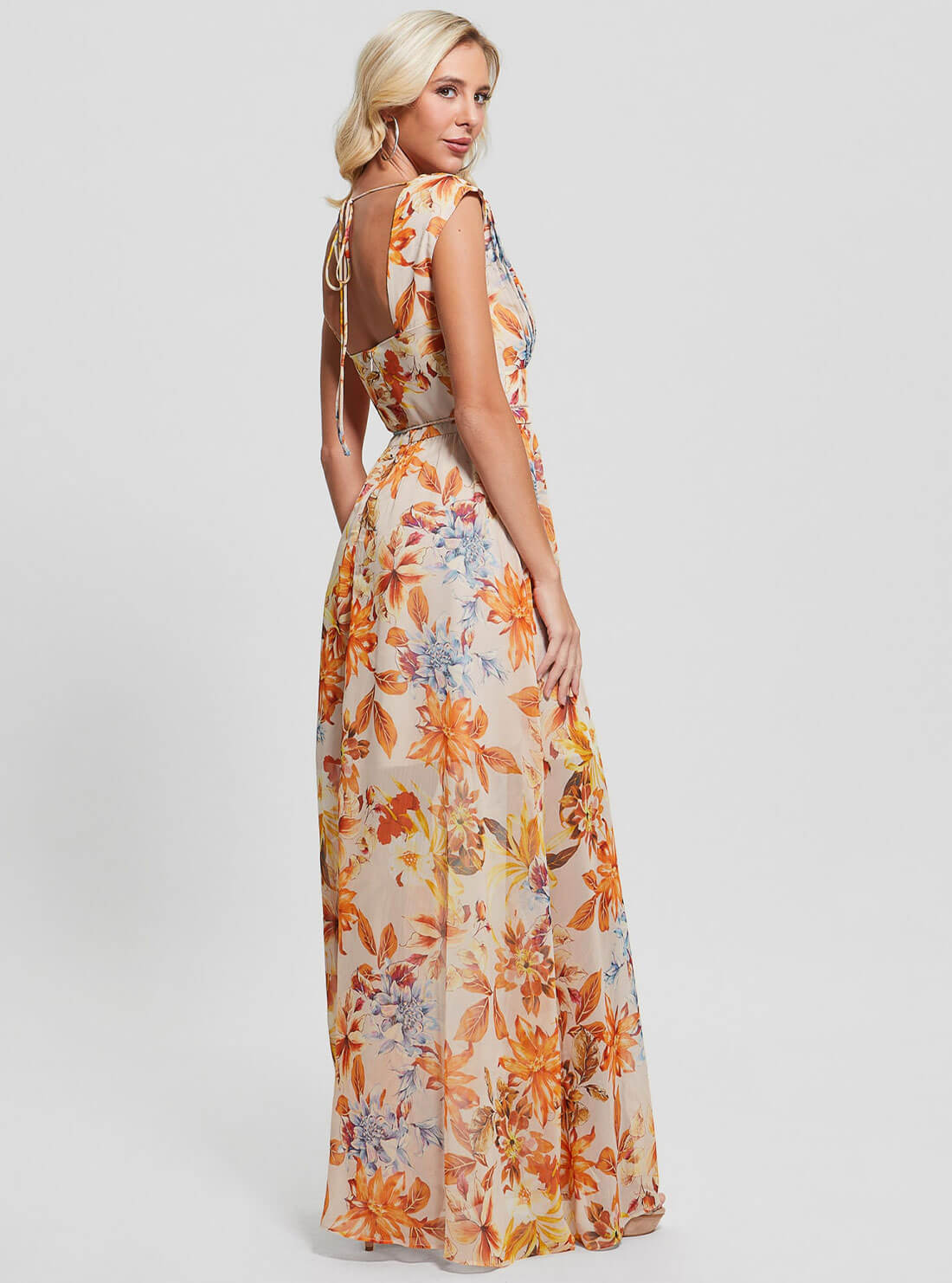 Orange Floral Gilda Maxi Dress | GUESS Women's Apparel | back view
