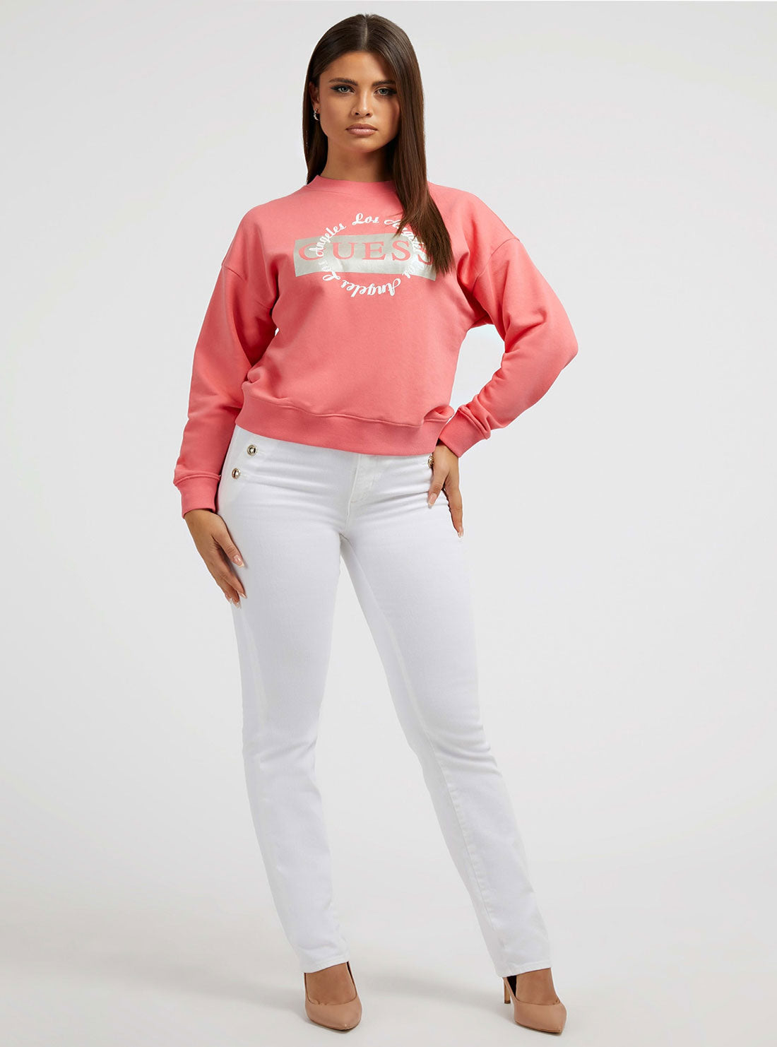 Pink Round Logo Jumper | GUESS Women's Apparel | full view