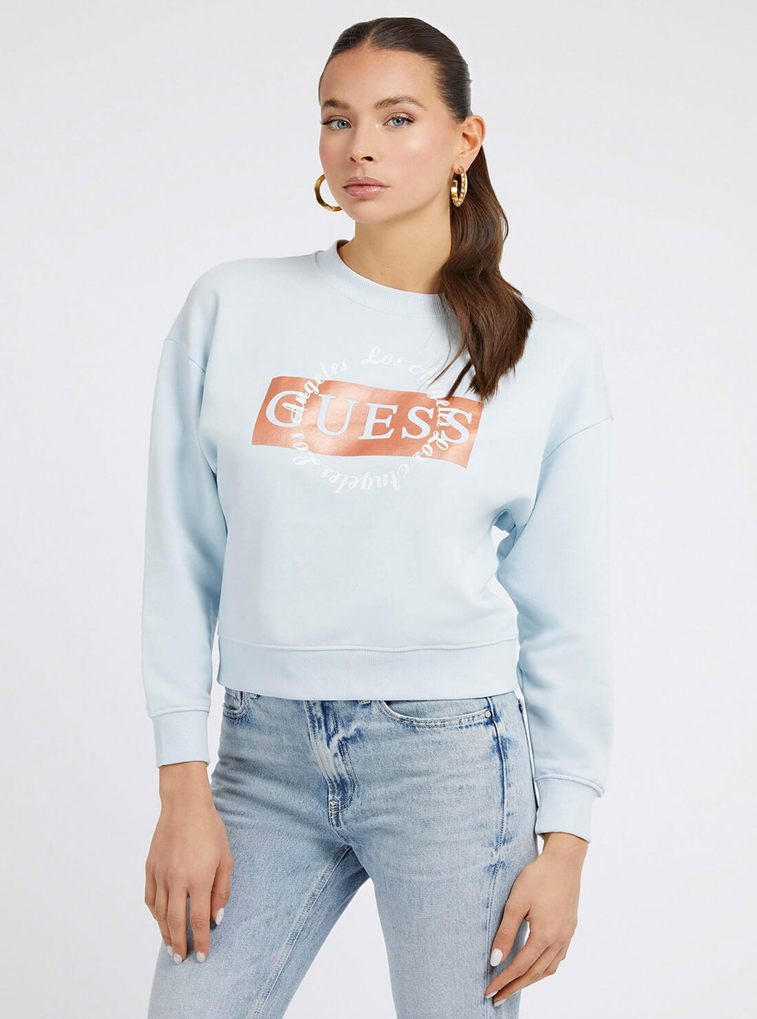 Light Blue Round Logo Jumper | GUESS Women's Apparel | front view