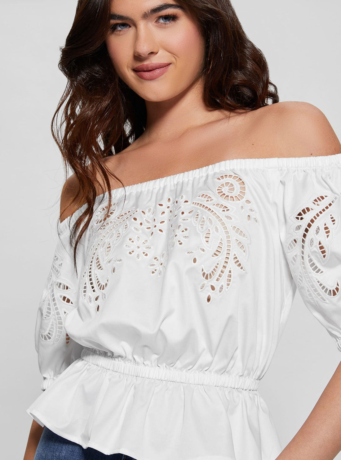 White Embroidered Lazo Top | GUESS Women's | detailed view