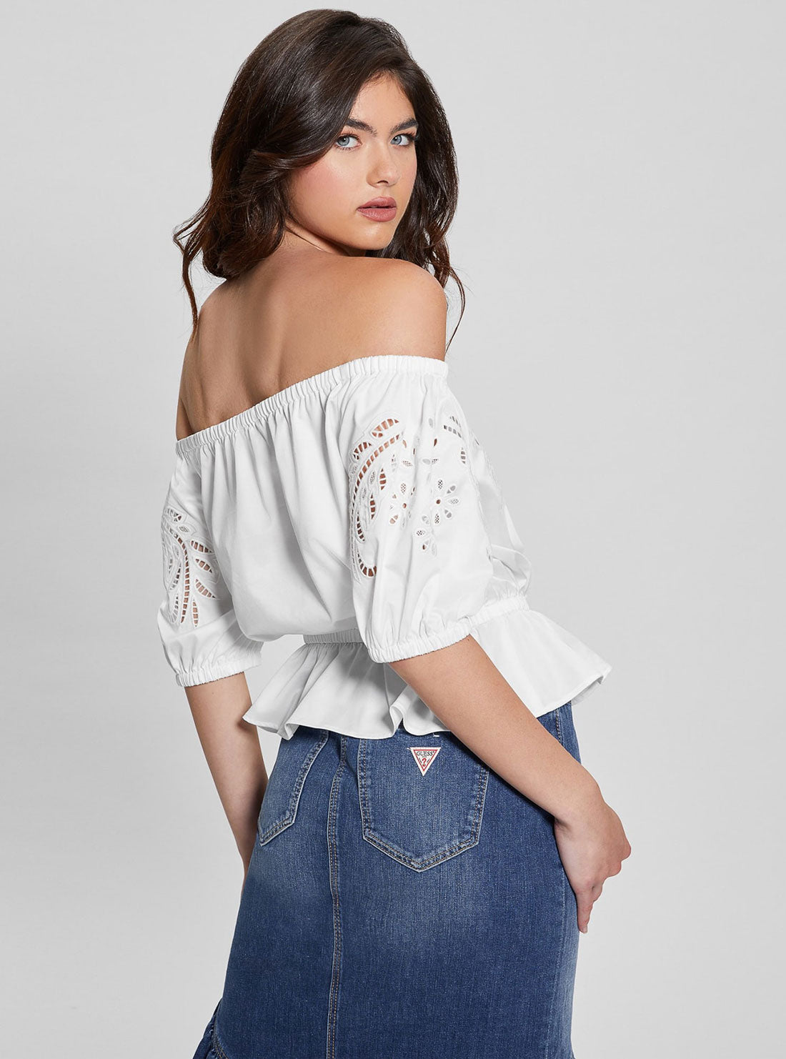 White Embroidered Lazo Top | GUESS Women's | Back view