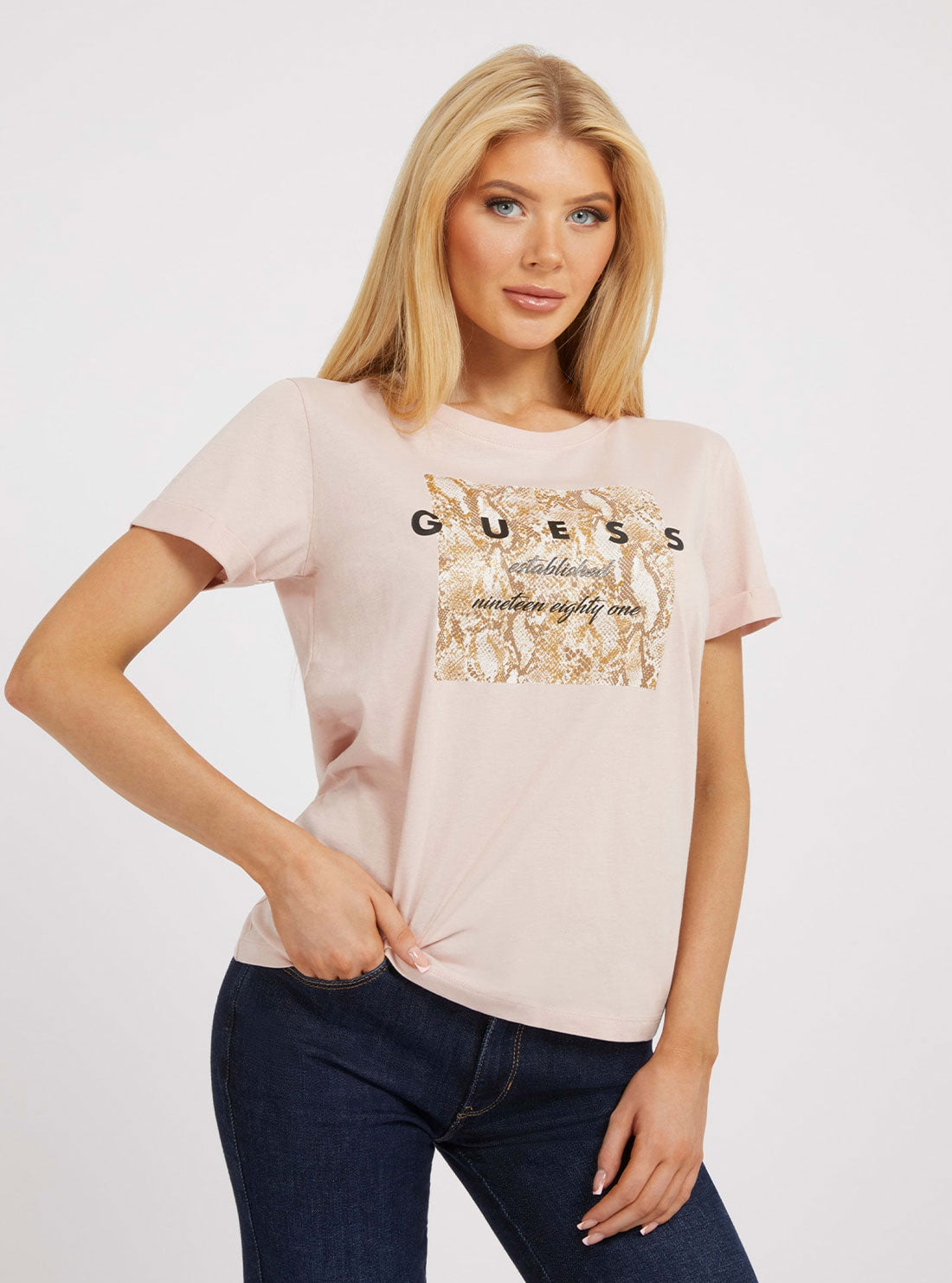 Light Pink Python Print T-Shirt | GUESS Women's Apparel | front view