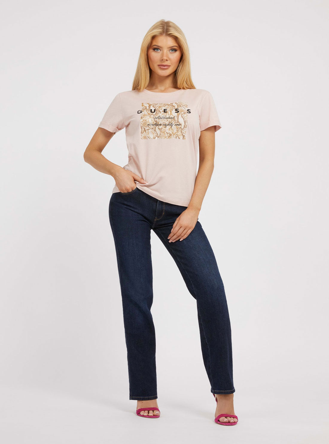 Light Pink Python Print T-Shirt | GUESS Women's Apparel | full view