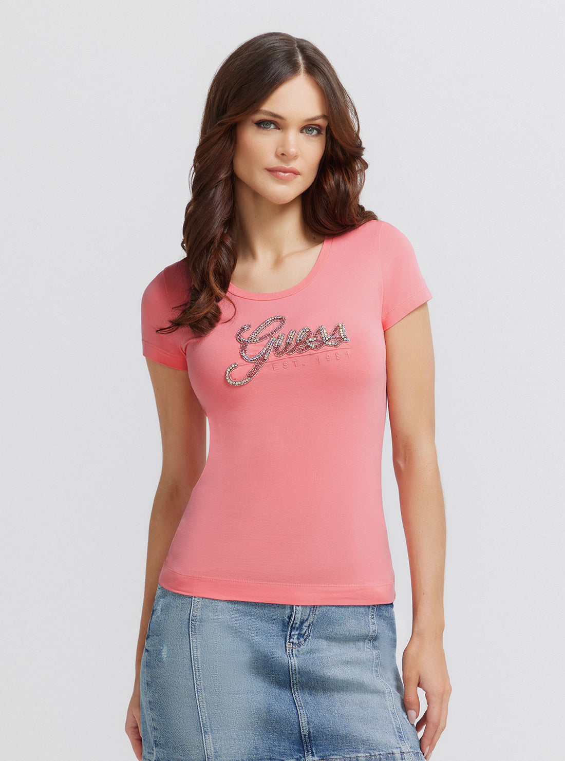 Eco Pink Rhinestone Logo T-Shirt | GUESS Women's | front view