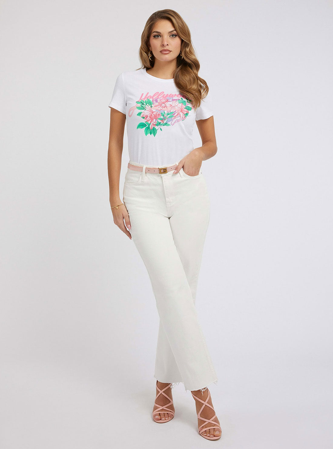White Floral Print Hollywood T-Shirt | GUESS Women's | Full view