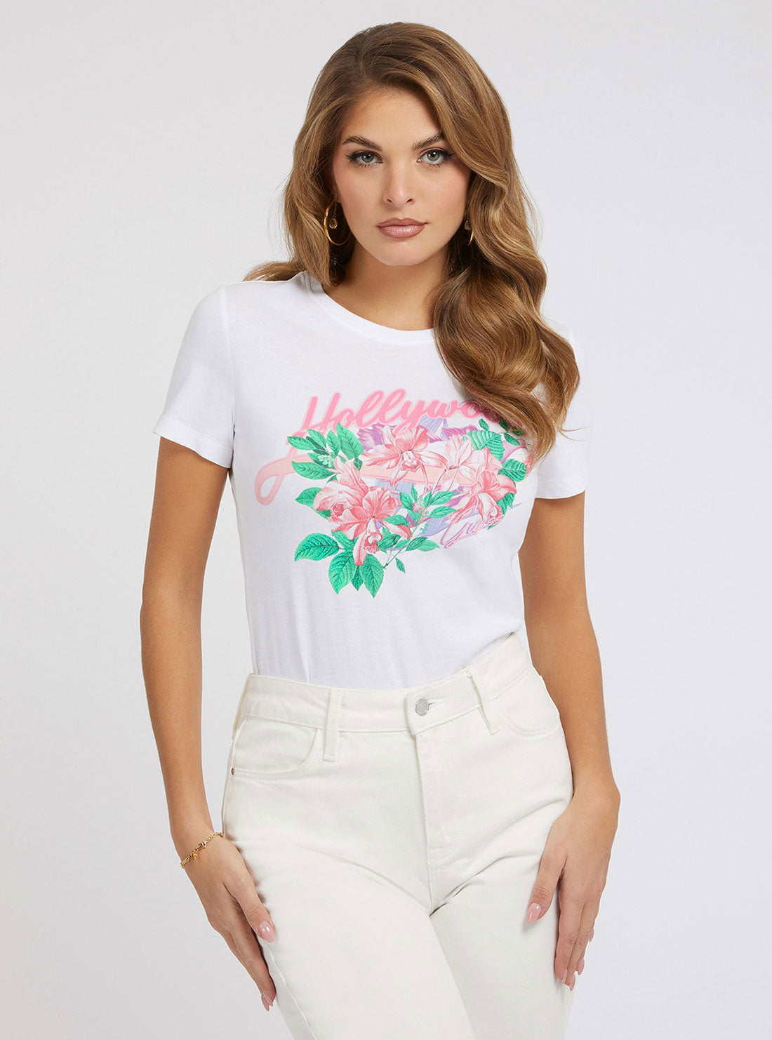 White Floral Print Hollywood T-Shirt | GUESS Women's | Front view