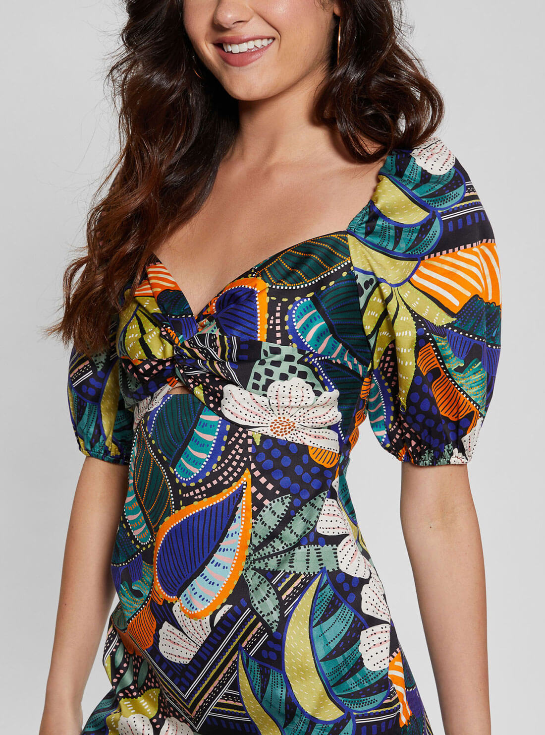 Tropical Print Marisol Puffed Dress | GUESS Women's Apparel | detail view