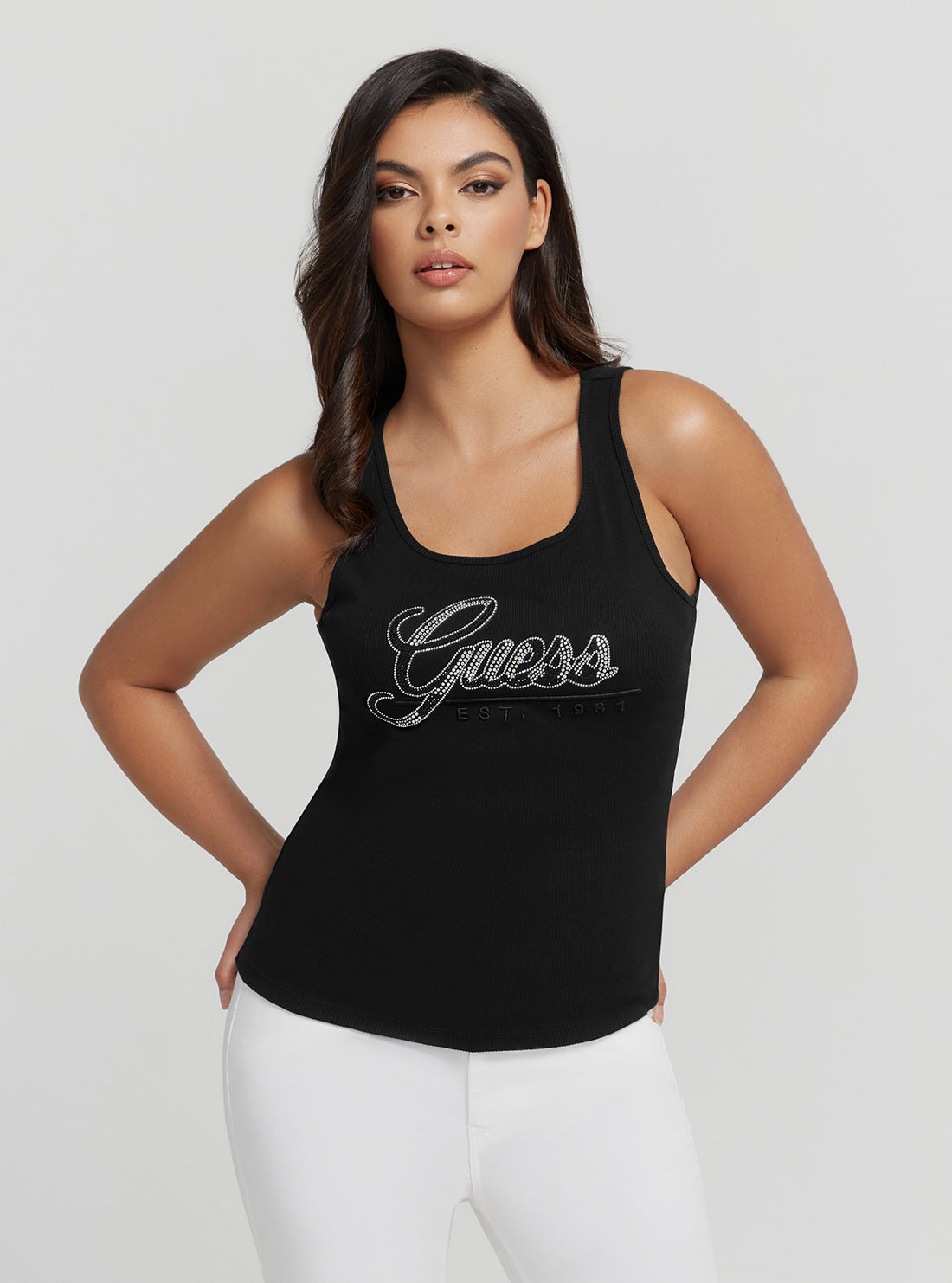 Eco Black Rhinestone Logo Tank Top GUESS Women s