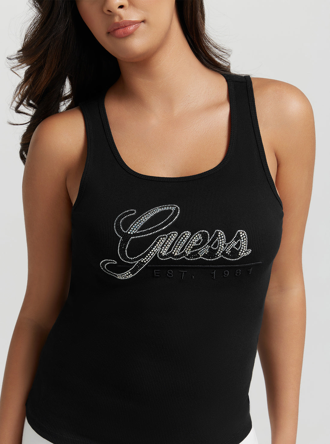 Eco Black Rhinestone Logo Tank Top | GUESS Women's | Detail view