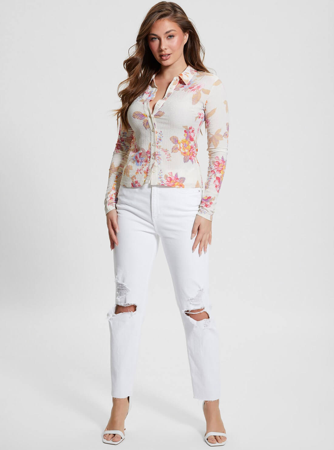 White Floral Tessa Long Sleeve Top | GUESS Women's Apparel | full view