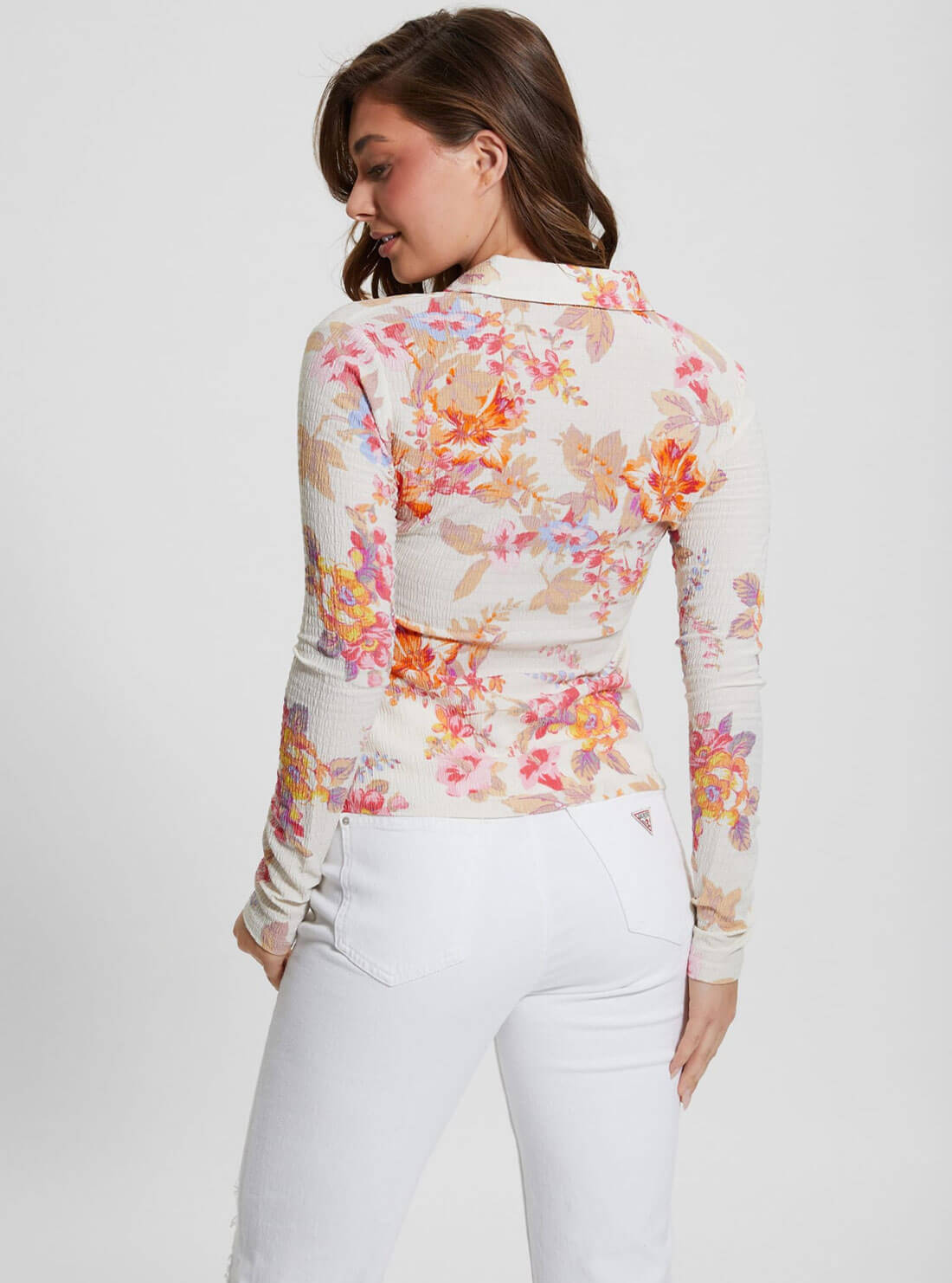 White Floral Tessa Long Sleeve Top | GUESS Women's Apparel | back view