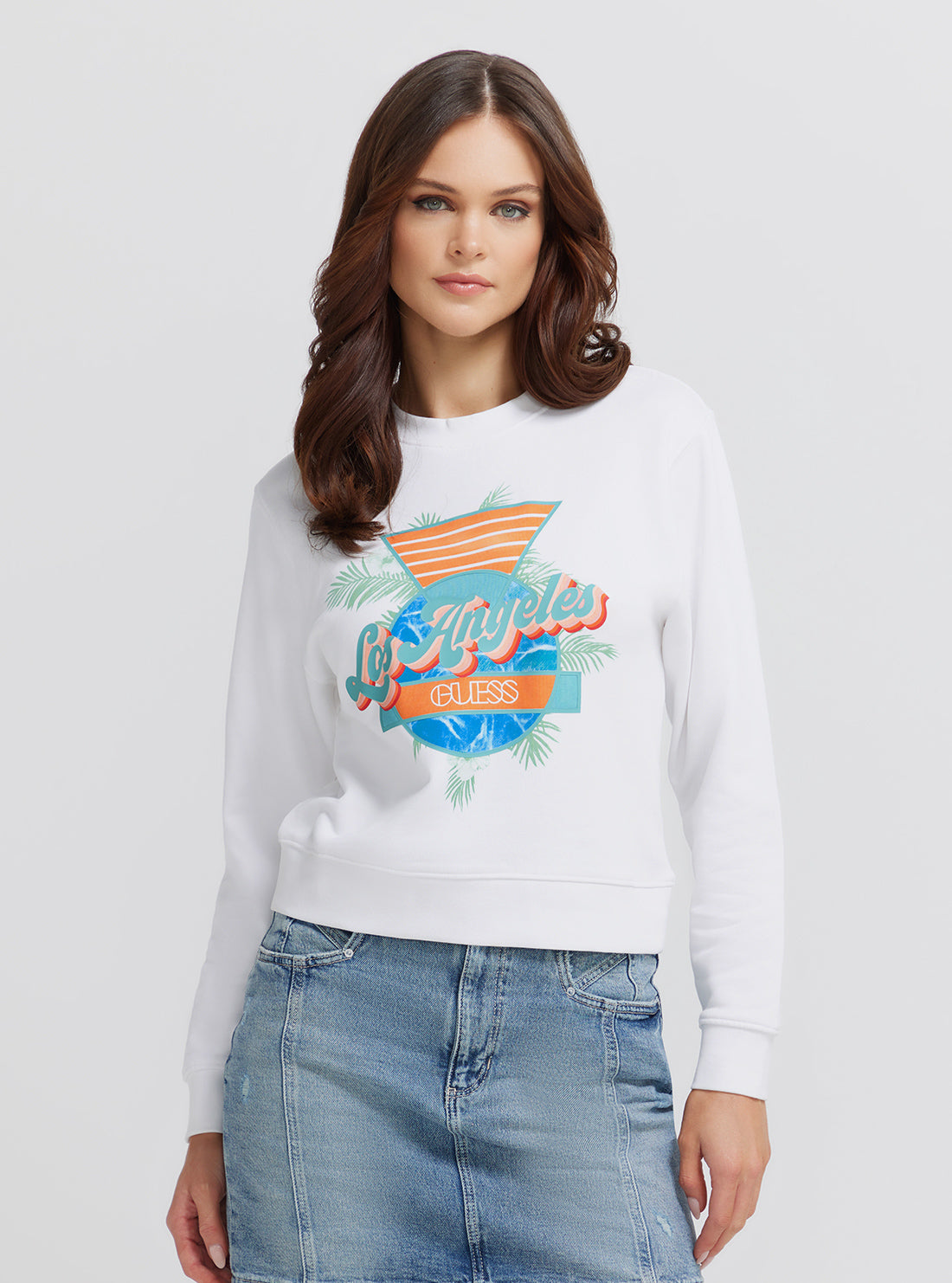 White Los Angeles Logo Jumper | GUESS Women's | Front view