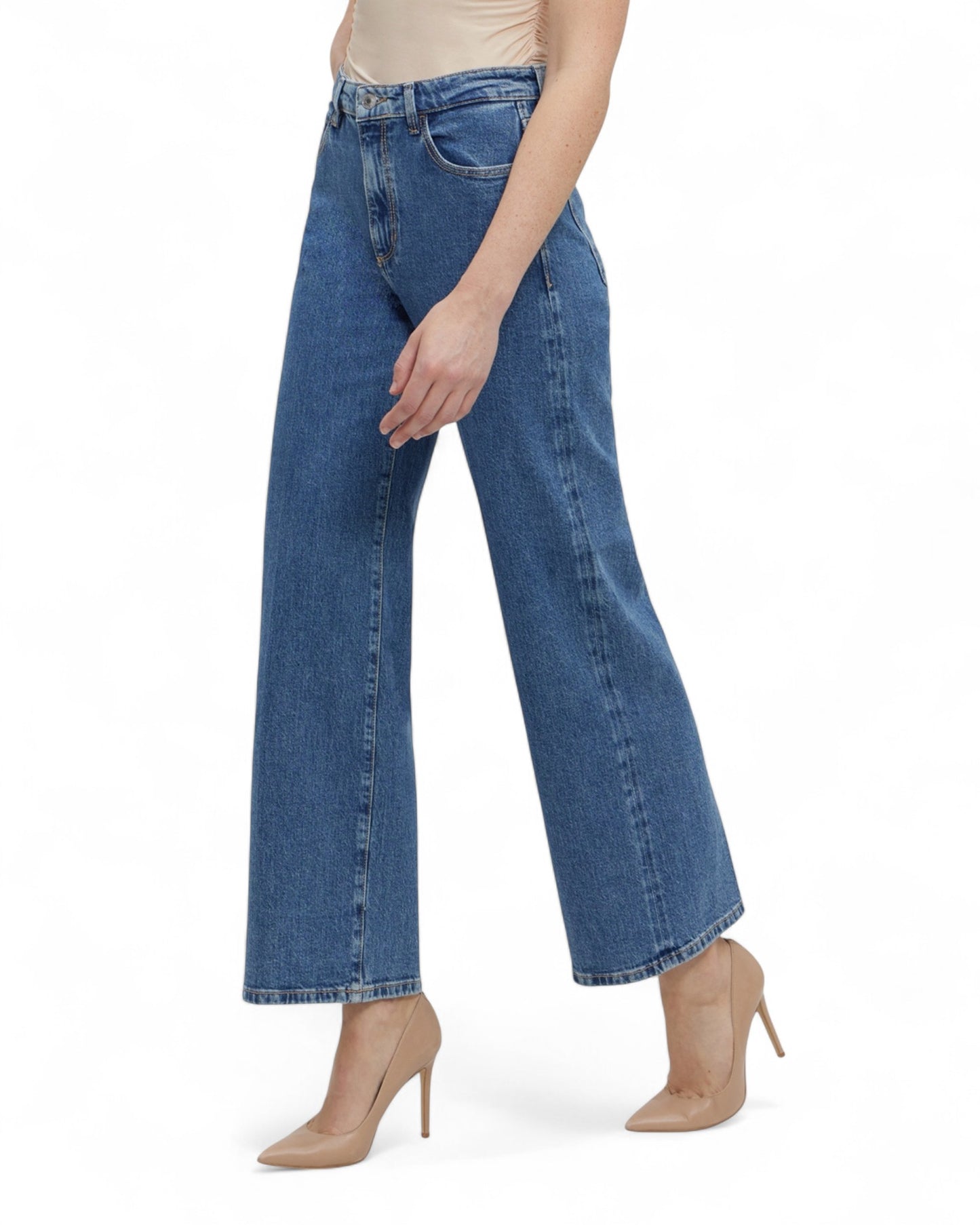 Blue Wide Leg Denim Jeans in Mid Wash