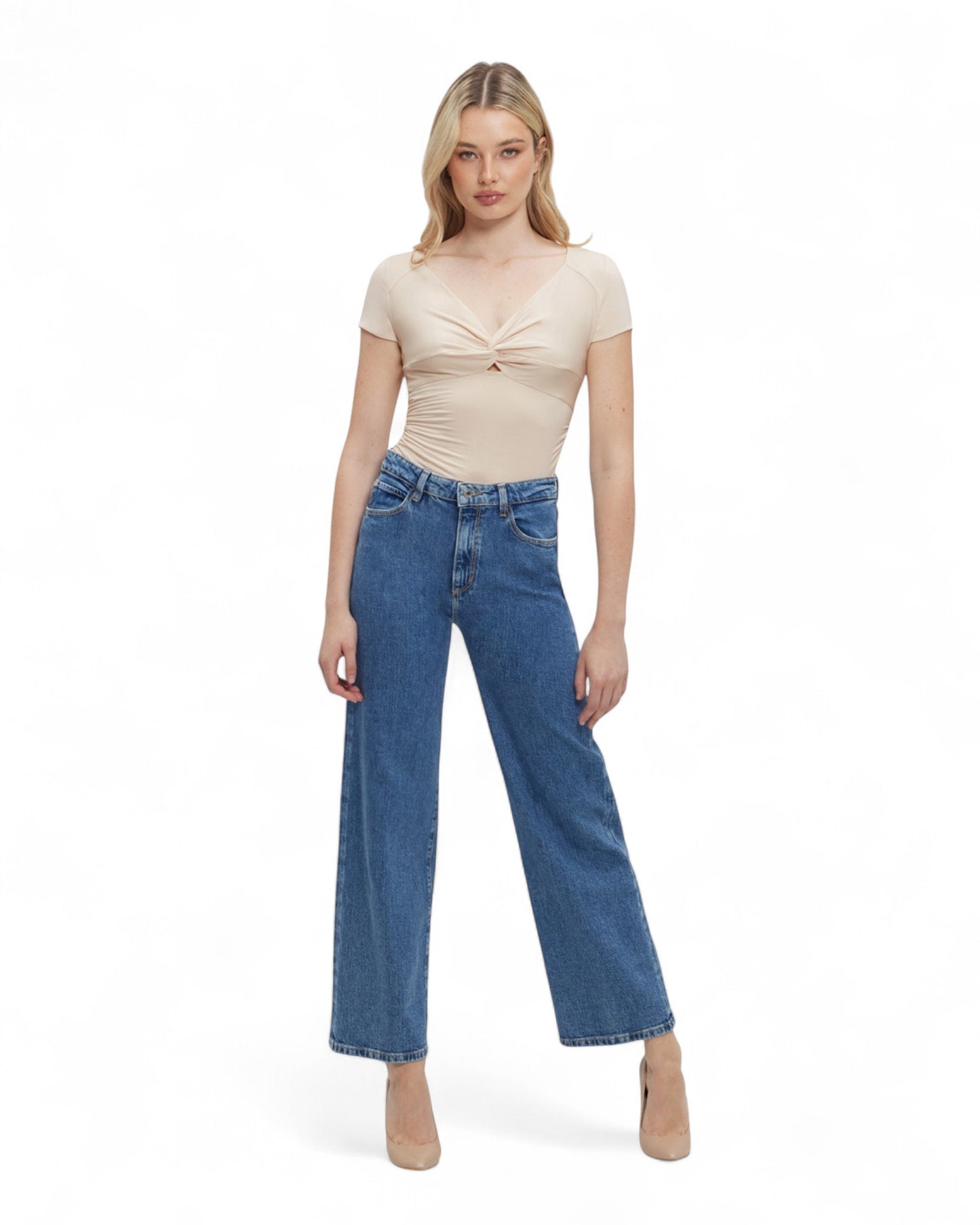 Blue Wide Leg Denim Jeans in Mid Wash