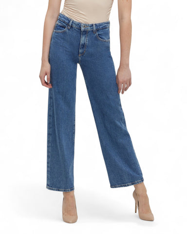 Blue Wide Leg Denim Jeans in Mid Wash