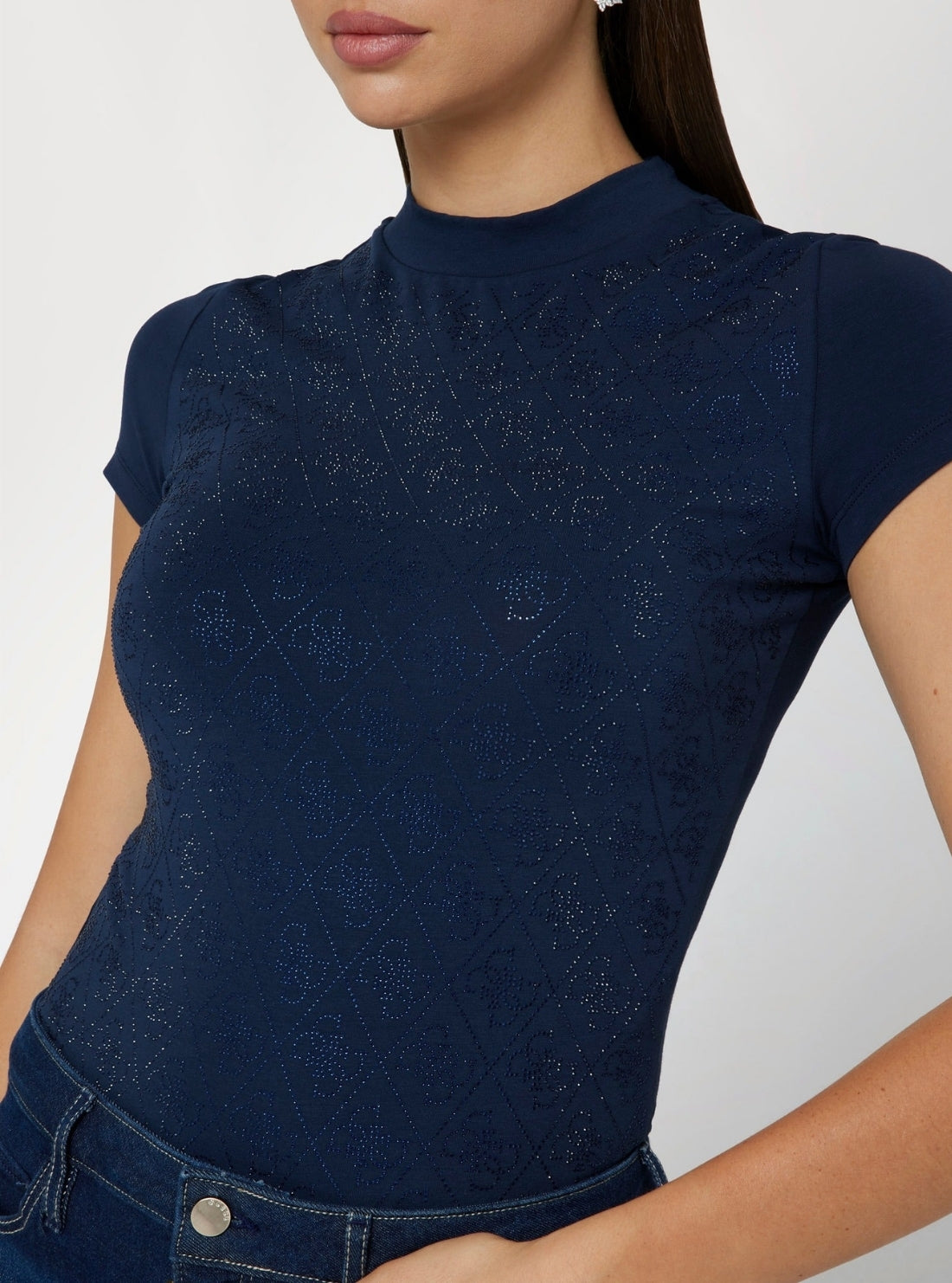 GUESS Womens Blue 4G All-Over Mock Neck T-Shirt W4BI26J1314 Detail View