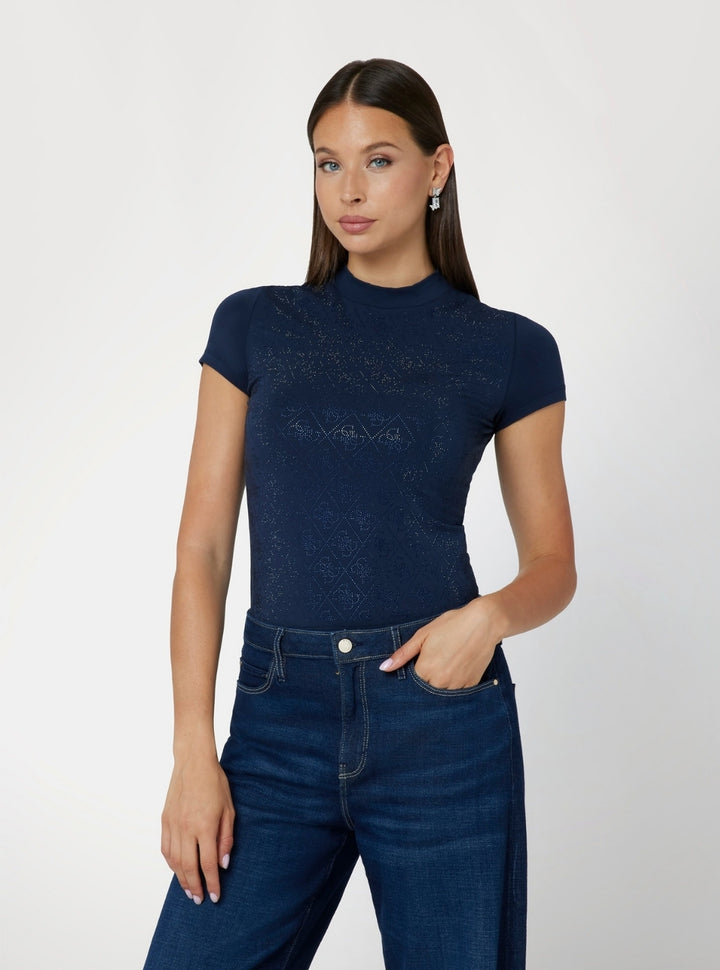 GUESS Womens Blue 4G All-Over Mock Neck T-Shirt W4BI26J1314 Front View