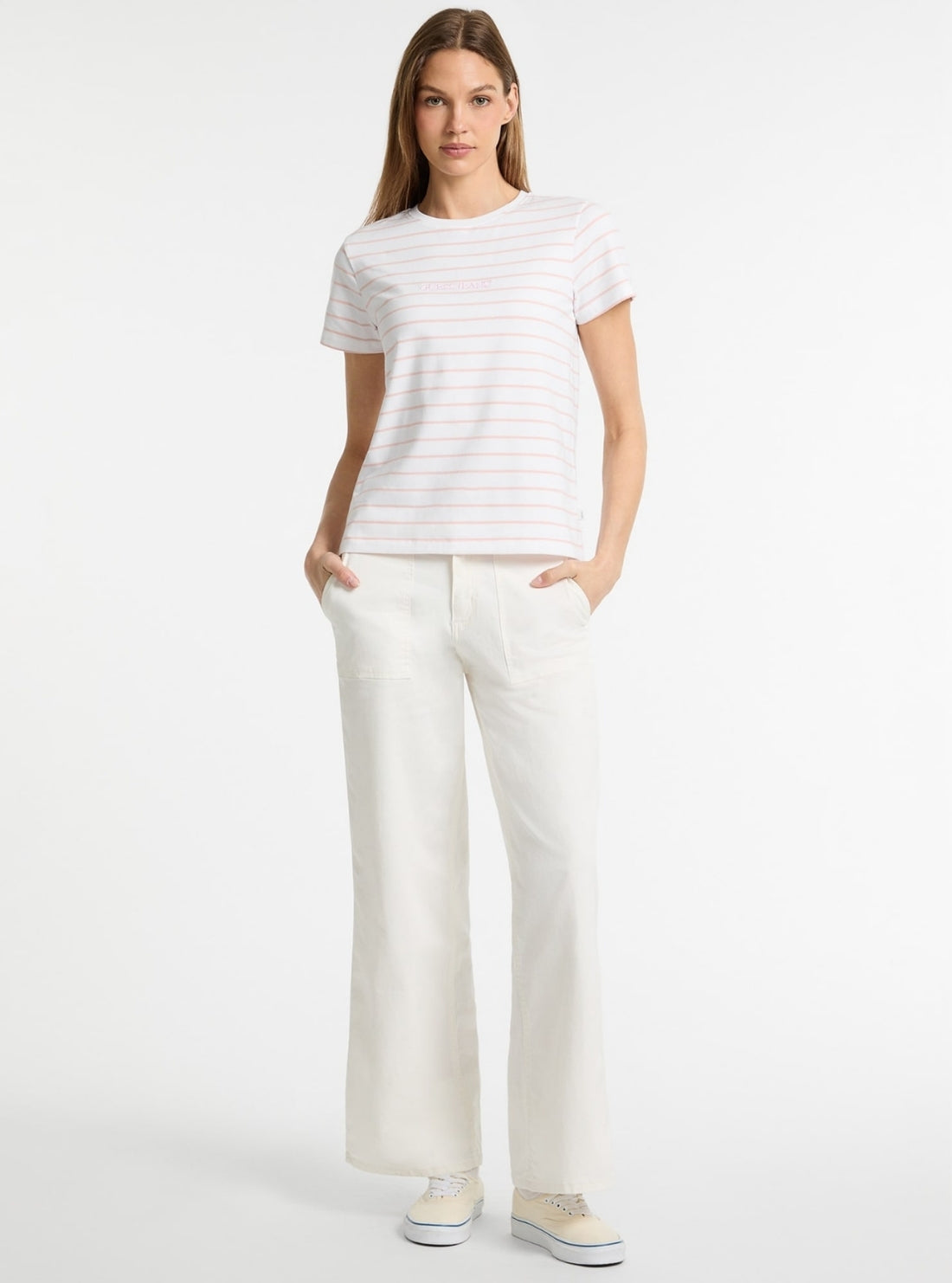 Guess Jeans White Pink Striped T-Shirt W4BI53KCIE1 Full View