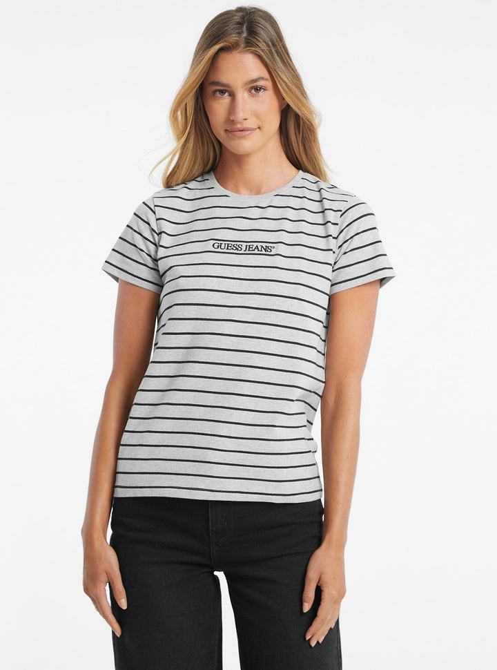 Guess Jeans White Striped T-Shirt FRONT VIEW