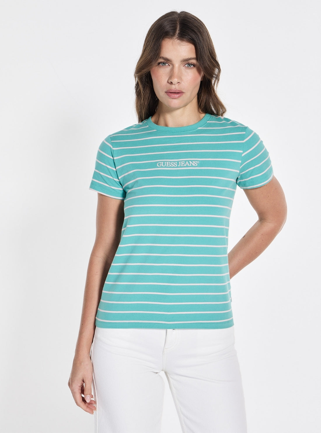Guess Jeans Green Striped Script T-Shirt W4BI53KCIE1 Front View