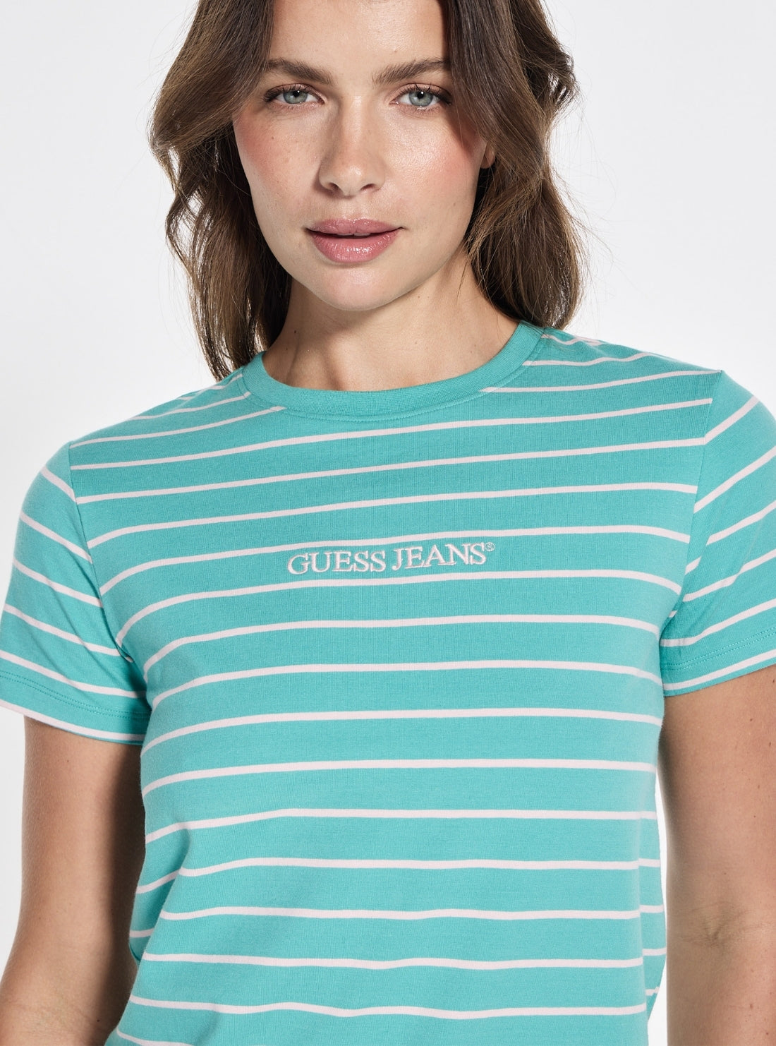 Guess Jeans Green Striped Script T-Shirt W4BI53KCIE1 Detail View