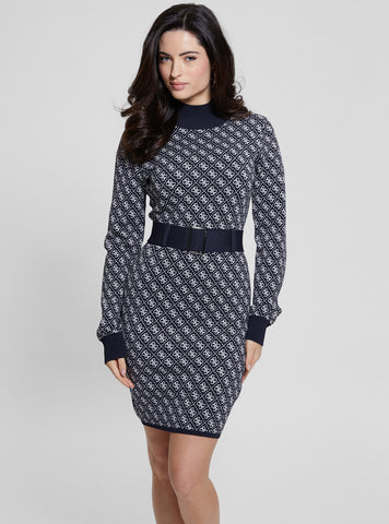 Blue Logo Belted Knit Midi Dress