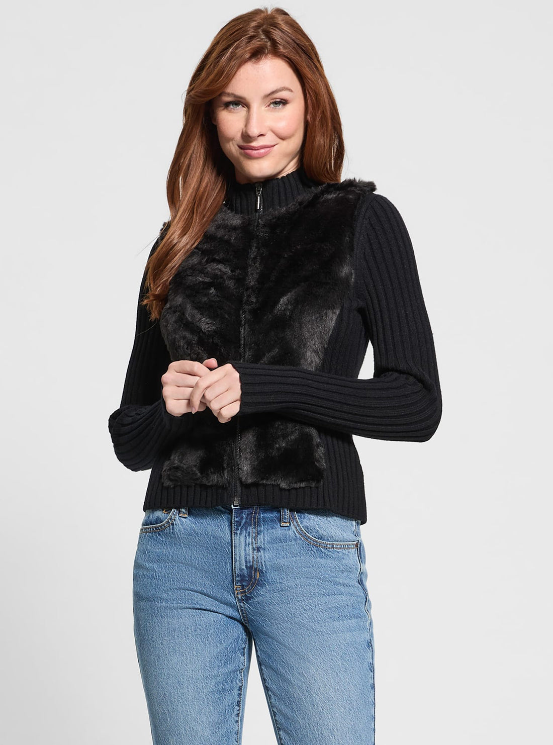 GUESS Womens Eco Black Fur Mix Mila Cardigan W4BR74Z2ZK2 Front View