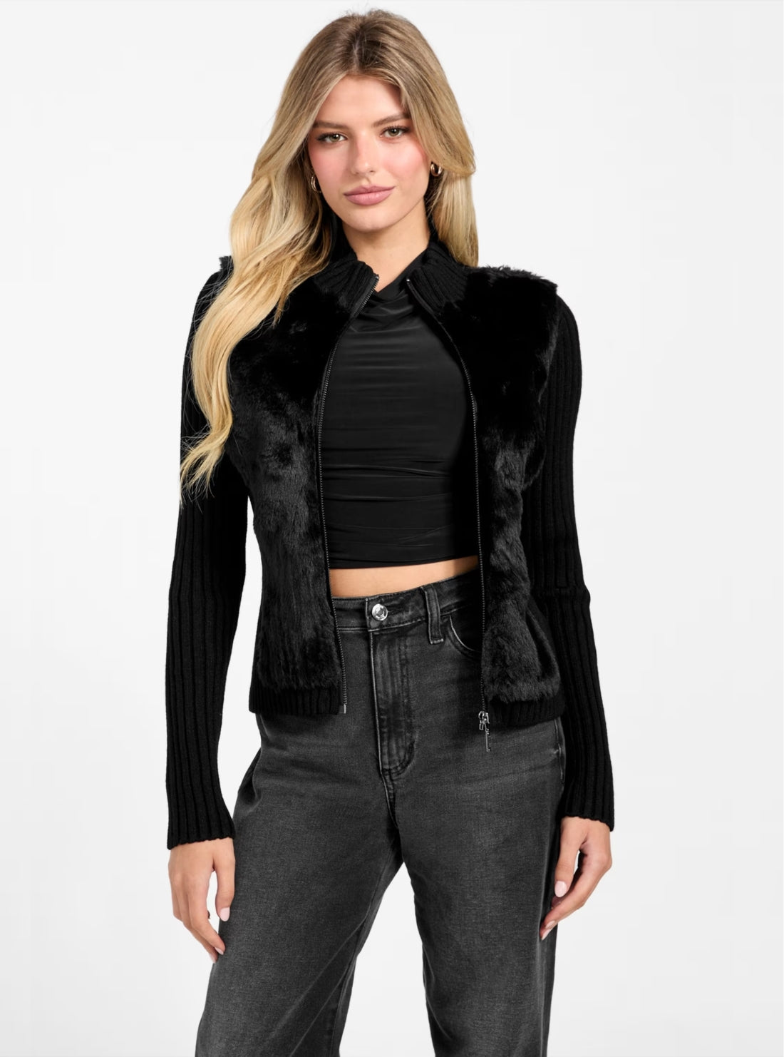 GUESS Womens Eco Black Fur Mix Mila Cardigan W4BR74Z2ZK2 Front View