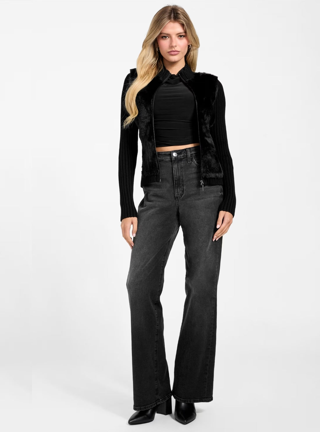 GUESS Womens Eco Black Fur Mix Mila Cardigan W4BR74Z2ZK2 Full View