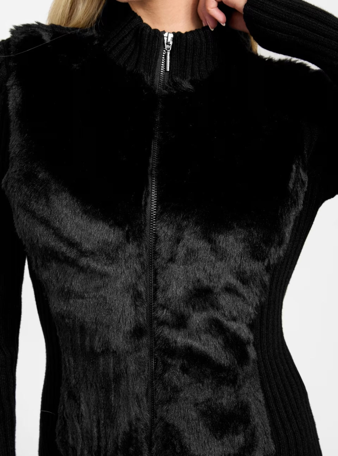 GUESS Womens Eco Black Fur Mix Mila Cardigan W4BR74Z2ZK2 Detail View
