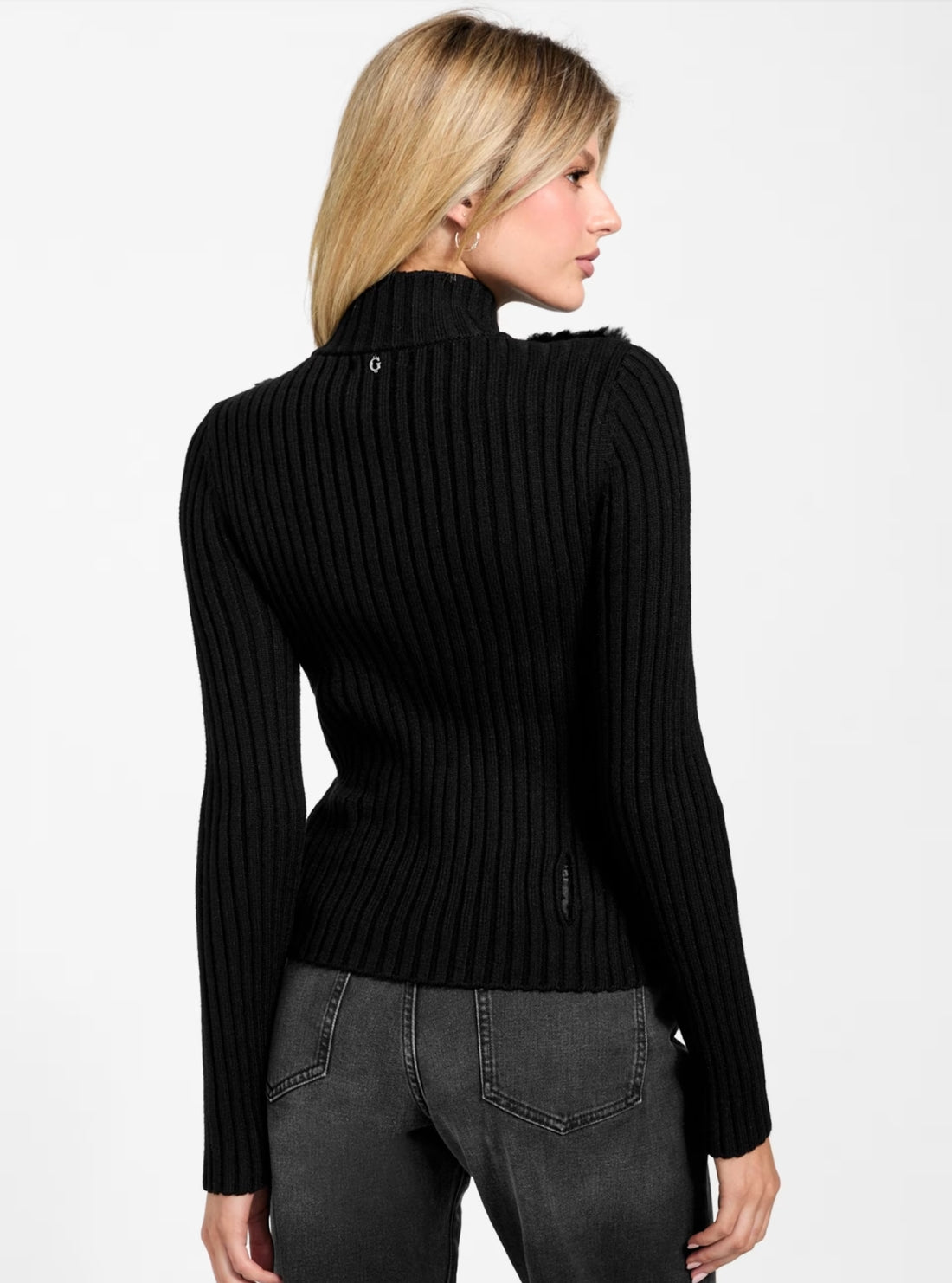GUESS Womens Eco Black Fur Mix Mila Cardigan W4BR74Z2ZK2 Back View