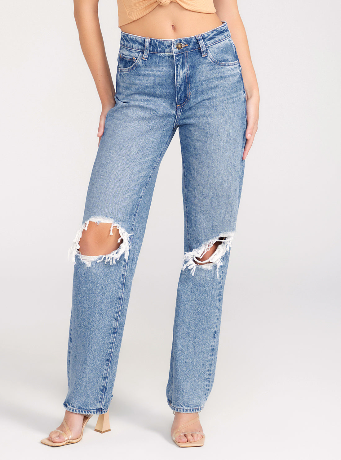 GUESS Mid-Rise Relaxed Straight Leg Jeans In Light Wash front view