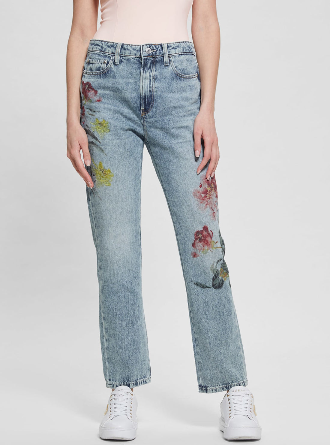 GUESS Mid-Rise Girly Straight Leg Denim Jeans in Mid-Wash front view