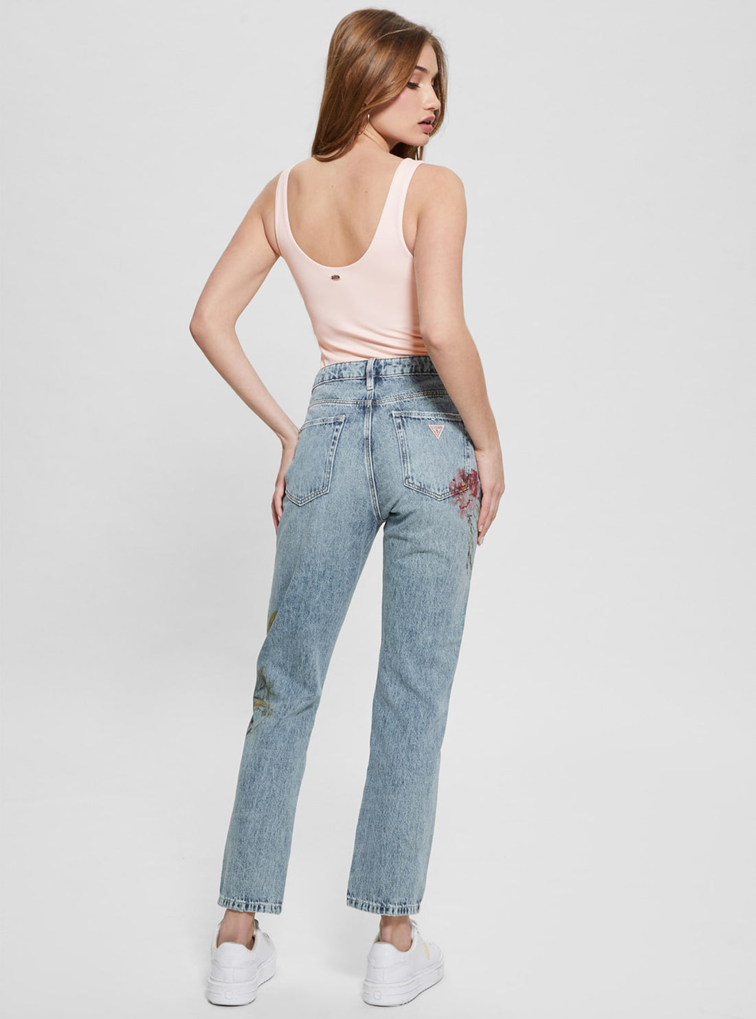 GUESS Mid-Rise Girly Straight Leg Denim Jeans in Mid-Wash back view