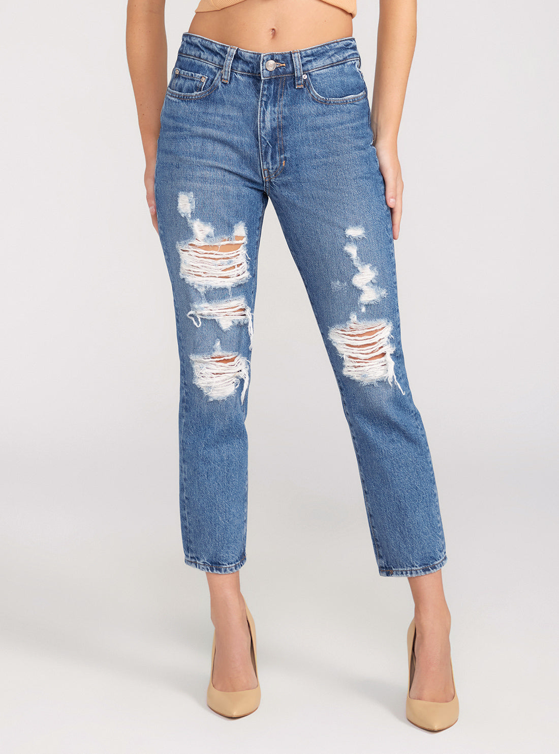 GUESS Mid-Rise Ripped Cropped It Girl Jeans In Medium Wash front view